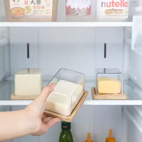 Nordic Countertop Bamboo Butter Dish Plate with Transparent Acrylic Lid Kitchen Storage Butter Conta