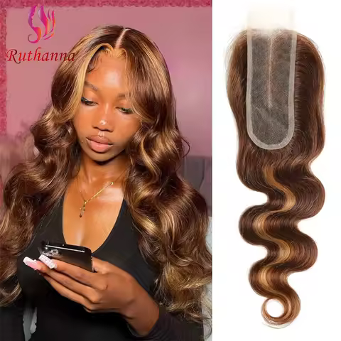P4/27 2x6 Closure Body Wave 100% Human Hair Deep Part Highlight Brown 2x6 Kim Transparent Lace Closu