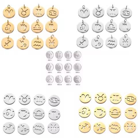 12pcs/lot Stainless Steel Mixed Zodiac Charms 12mm Mirror Polish Zodiac Signs Twelve Constellation D