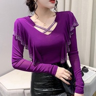 Fashion ruffles T T-shirt Women's Long Sleeve2023Autumn New Mesh Bottoming Shirt Slim Fit V Collar R