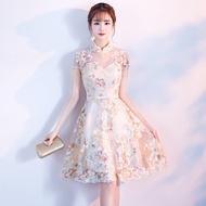 Formal Evening Dress For Women Champagne Chinese Glamorous Colorful Flower Pattern Female Short Gown