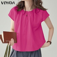 VONDA เสื้อเบลาส์ลำลองมีกระดุมแบบคอกลมเสื้อลำลองทรงหลวมสไตล์วินเทจ (ลำลองเกาหลี)