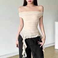 Áo thun kiểu bigsize nữ trễ vai vải thun lưới tua rua mềm mại co giãn cá tính retro vintage - A280