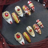 10pcs/Set Handmade Almond Y2K Baddie Style Press On Nails, White & Red Gold Rose Chrome Tie Dye Pres