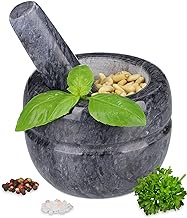 Relaxdays Mortar with Pestle, Spices, Herbs, Polished Stone Marble, HxD: 8x10cm, Durable, Kitchen, Cook, Black/Grey, 8 x 10 x 10 cm