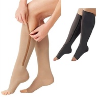 การบีบอัดซิปขาสนับสนุนเข่าสูงถุงน่องป้องกันเส้นเลือดขอดถุงเท้าเปิดซิปขึ้นนิ้วเท้า (ขนาดL)
