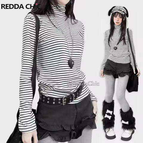 REDDACHiC Grunge Striped Women's T-shirt Autumn Thin Contrast Black White Long Sleeves Turtleneck Pu