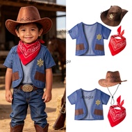 1-10 Years Old Cowboy Outfit for Kids Boy Blue Vest Hat Scarf Accessories Birthday Theme Cowboy Cost
