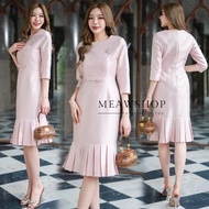 S-4XL ชุดเดรสผ้าไหมงานอัดกาว ทรงเอ แต่งโบว์ ชุดออกงาน ชุดไปงาน ชุดไปงานบุญ งานบวช ชุดไปวัด เดรสลูกไม