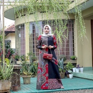 gamis batik wanita motif catur/ gamis batik kombinasi polos - merah jumbo