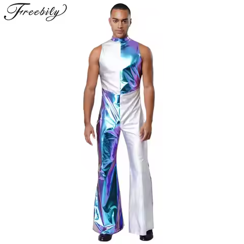 Men Retro Disco Dance Costume Hippie Outfit Sleeveless Color Block Metallic Jumpsuits 70s 80s Disco 