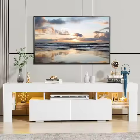 TV Stand, Modern Lighting TV Cabinet Entertainment Center Media and Open Shelf