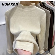 HUJAKON Turtleneck Sweater, Women Autumn Winter Knitted Pullover, Warm Sueter Slim Tops Velvet Lined