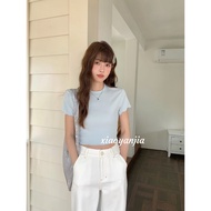 [TINY TINY IA124] Korean Style Hem Curling Edge Agaric Round Neck Top Short Ultra Plain T Slimmer Lo