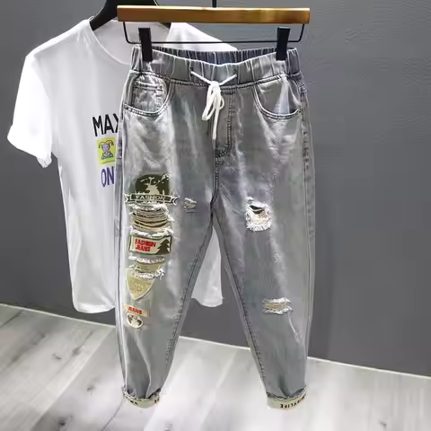 Casual Loose Fit Spring Autumn Light Blue Denim Jeans for Men Vintage Washed Elastic Waistband Cuffe