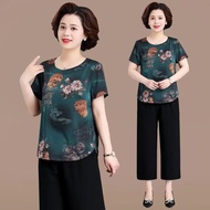 TerraFluxus Bộ Quần Áo Mùa Hè Cho Các Bà Mẹ Trung Niên Áo Lụa Băng Áo Kiểu Tây Áo Phông Ngắn Tay V