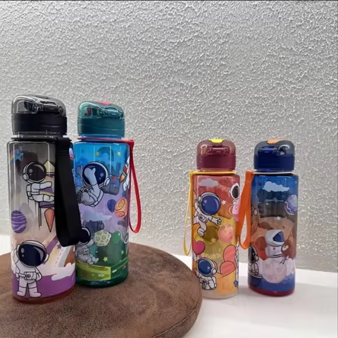 23.67oz Let's Go Space Astronaut Sports Water Bottle with Straw, Leakproof & Portable, BPA-Free PC, 