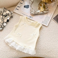 1-4y nơ đáng yêu chắp vá ren không tay T-Shirt hàng đầu cho trẻ em gái thời trang màu Trơn Áo ba lỗ