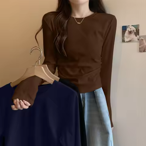 Women's Long Sve T-irt Teaded Waist Inward Match Base irt Top Faionable Spring Autumn High Sensation