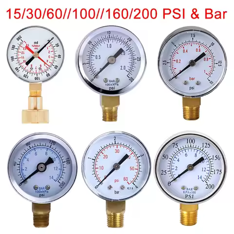 Face Pressure Gauge 15/30/60//100//160/200 PSI & Bar for Air Gas Water Fuel Liquid.Car Tyre Air Pres