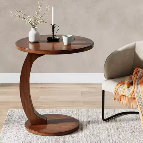 Tribesigns Round End Table, Wood C-Shaped Side Table, Small Couch Side Table, Mid-Century End Table,