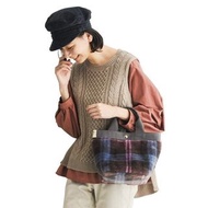 日本 Basic Traditional 紫灰色格紋絨毛布 小號 手挽袋