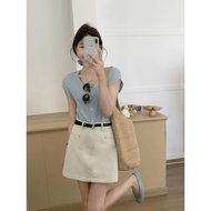 Korean solid color washing cowboy cotton skirt for women in summer new high-waisted slim design vers