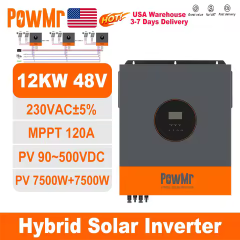 PowMr USA 48V 12000W Hybrid Solar Inverter Pure Sine Wave 2×MPPT 150A Charger 90-500V PV Input 220V/