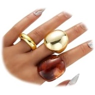 3pcs Chunky  Polished Round Dome Rings for Women Funky Statement Vintage Wide Brown Acrylic Resin Kn