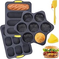 FELISTORY Set of 6 Hamburger Bun Pans, 4/7/9-Cup Silicone Burger Bun Molds with Brush, Spatula, and