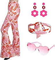 5PCS 60s 70s Outfit Hippie Costume Set for Women Flared Pants Heart Glasses Floral Earrings Headband