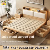 Arke Nordic Solid Wood Double Bed 1.5m 1.8m Master Bedroom Simple Storage Bed With Drawer Night Ligh