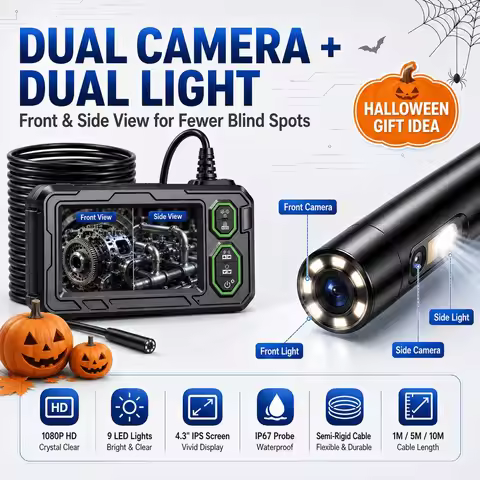 10M/33FT Long Cable Dual Camera Endoscope With 9 LED Lights, 4.3" IPS Screen 1080P Borescope Inspect