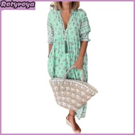 Summer Spring Maxi Dress V Neck Bohemian Style Lantern Sleeves A-line Big Swing Pleated High Waist P
