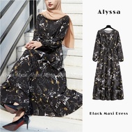 [Malay Stock] Alyssa Fashion Baju Raya 2023 Black Maxi Dress Elegant Long Sleeve Floral Print Hijab outfit Kain Lembut