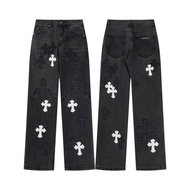 Chrome Hearts American Street Wear Sanskrit Leather Cross High Street Jeans All-Match Casual Pants U