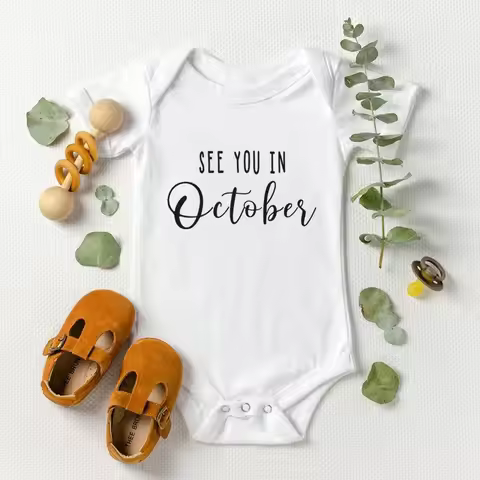 Baby Announcement See You In October Baby body Pregnancy Reveal Custom Romper Baby Shower Gift 100% 