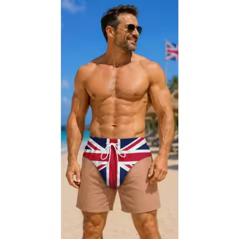 Men Women Novelty Funny Hairy Visual Swim Shorts Oversized Y2K Streetwear Trunks, UK Union Jack Flag