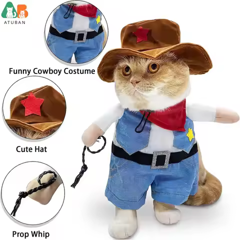 ATUBAN Cowboy Dog Costume,Funny Pet Cat Halloween Costumes Cool West Cowboy Uniform with Hat,Cosplay