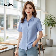 Lovito Blouse Wanita Elegan Motif Garis Sisi Musim Bunga/Panas Biru Muda L150ED724