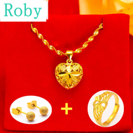 [totoong Gold] COD Pure 18k Pawnable Saudi Gold Lock Bone Ripples of Water Line Necklace Nasasangla for Women Style The Transport Bead Benevolence Peach Heart Chain and Pendant Send Earrings +Ring Free Gift