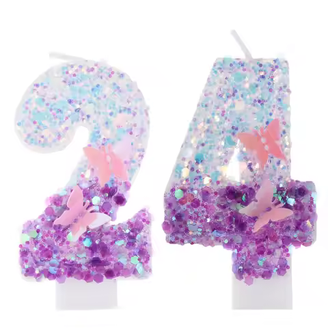 2pcs Butterfly Number Candles Glitter Number 2 & 4 Candles with Sequins Cake Topper for Princess Par