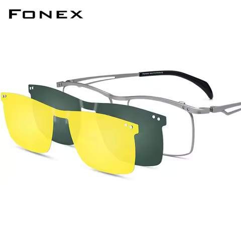 FONEX Titanium Glasses Frame Men Square Magnet Clip Eyeglasses Night Vision & Polarized Lens Japanes
