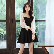 ĐẦM ĐEN CÚP NGỰC TAY LƯỚI ĐÍNH NÚT TRÒN