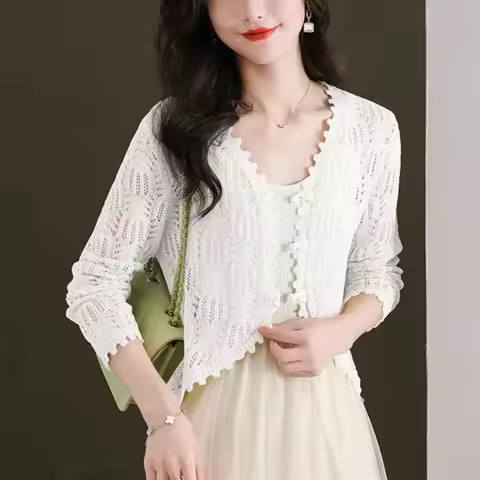 Hollow Knit Cardigan Women's Summer Item Niche Unique Thin Style Sun Protection Jacket Short Style F