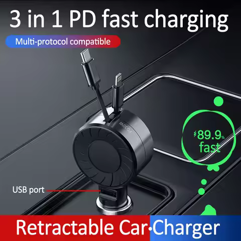 100W Retractable Car Charger, 3 in 1 Fast Car Charger, Max 50W 2 Retractable Cables and 1 USB Ports