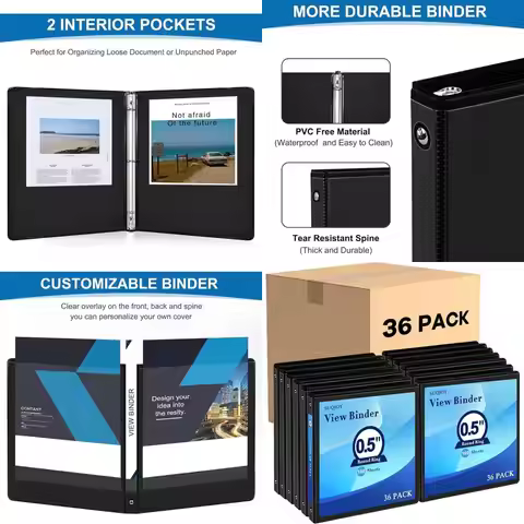 36-Pack 0.5 Clear View 3-Ring Binders, Bulk 8.5x11 Inch School & Office Supplies (Black)