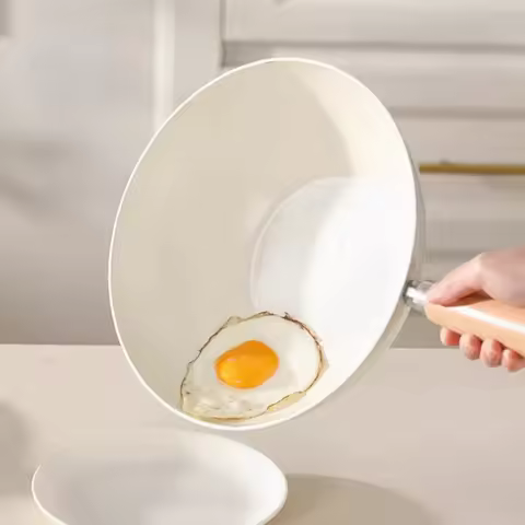 20/24cm Frying Pan Wok with Lid Non Stick Saucepan Sauce Pot Uncoated Wooden Handle Ceramic Cooking 