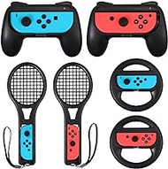 LiNKFOR 3 in 1 Joy-Con Accessories Bundle for Nintendo Switch | Tennis Racket for Mario Tennis Aces Game |Grips Handle for Nintendo Switch Joy-Con | Steering Wheel Accessories Set for Mario Kart