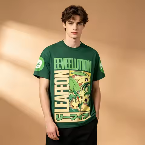 Men's Anime Graphic T-Shirt, Forest Green Pokemon Leafeon Eeveelution Grass Type Print Sleeve Symbol